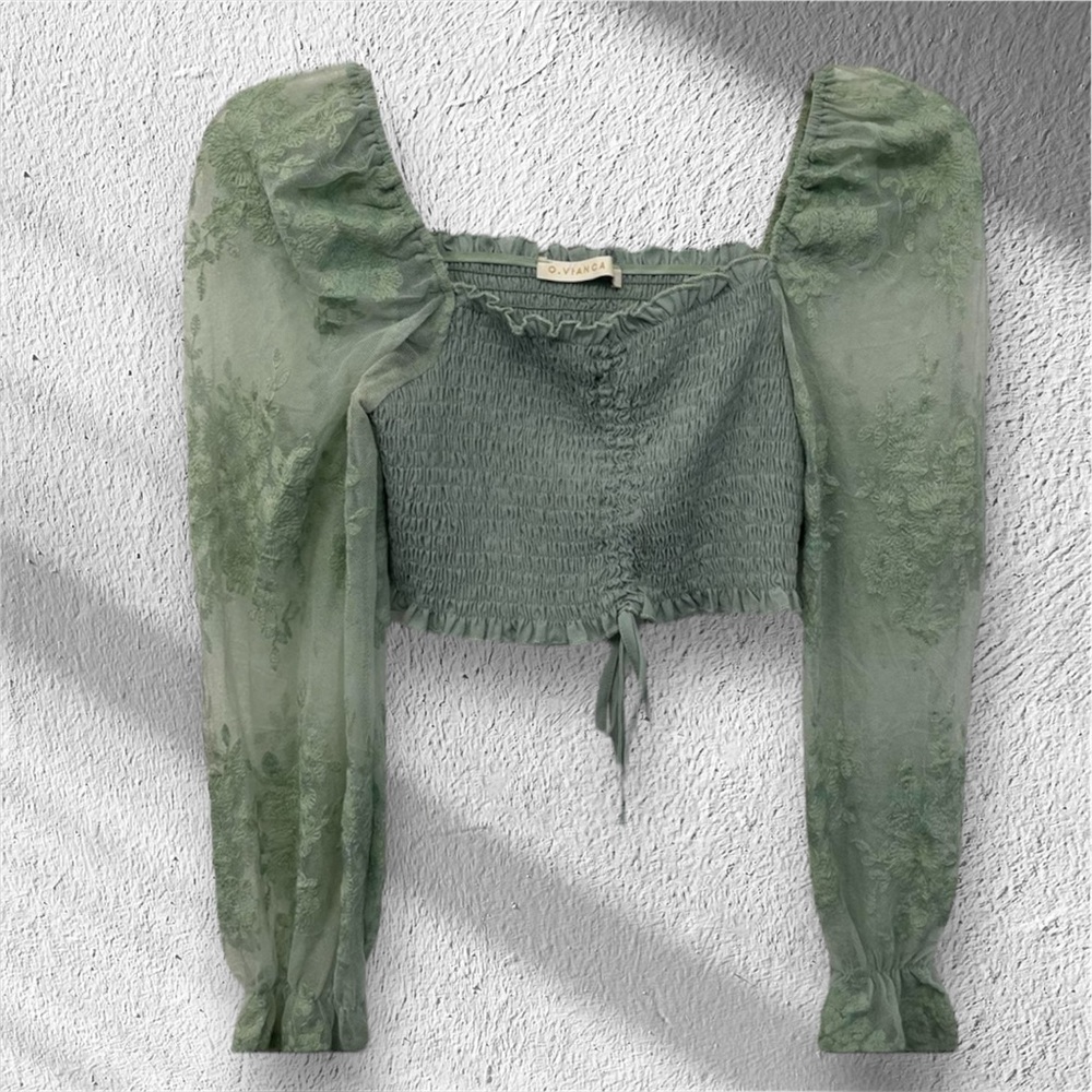 O. Vianca Sage Lace Blouse With Puff Sleeves